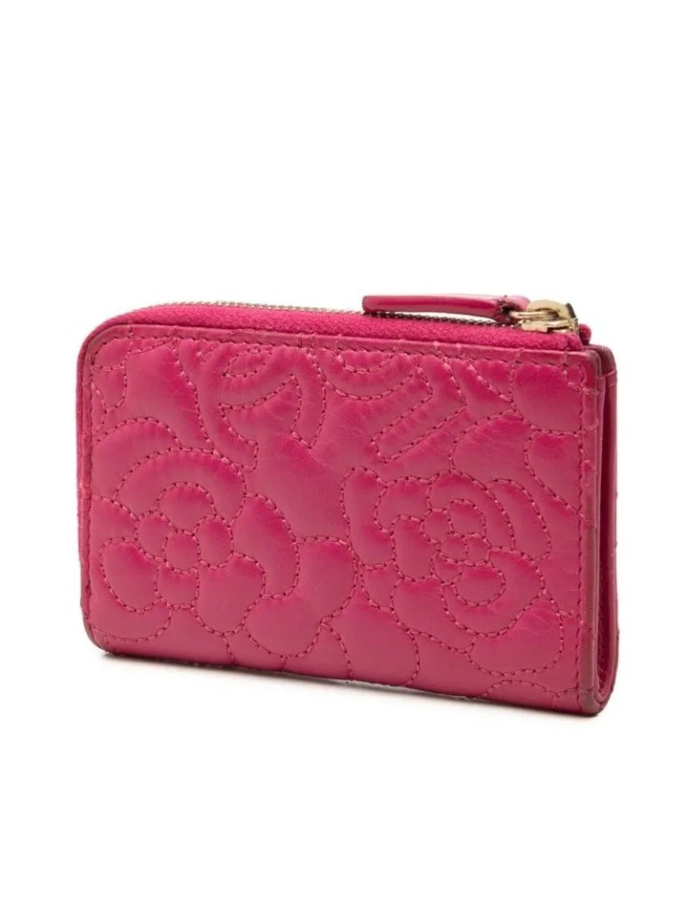 Chanel CC Logo Camellia No. 5 L-shaped Zipper Coin Purse Pink Leather
